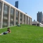kids laying on a grass roof on the lincoln center