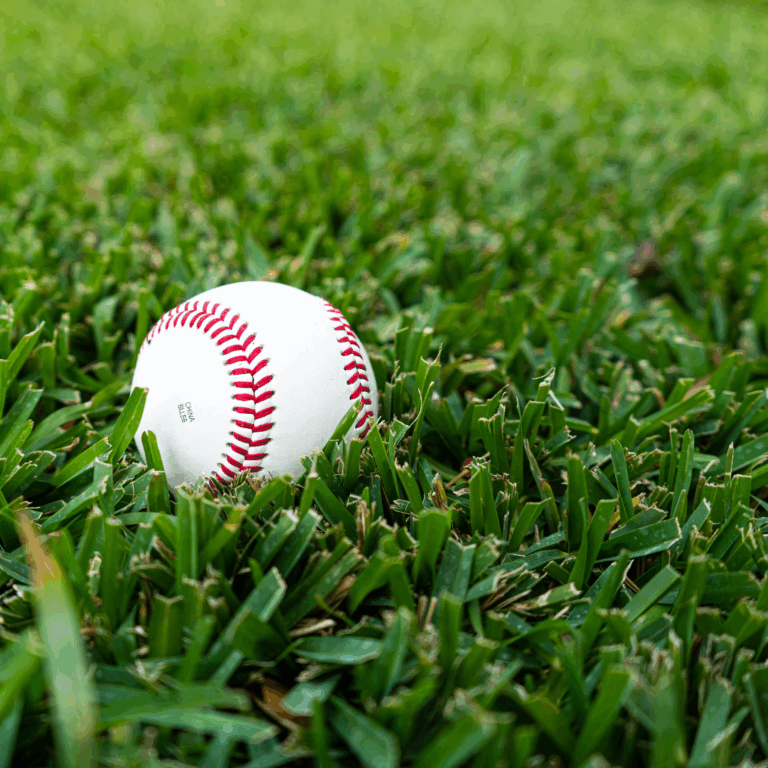 Una pelota de béisbol blanca con costuras rojas descansando sobre la exuberante hierba verde Raleigh San Agustín.