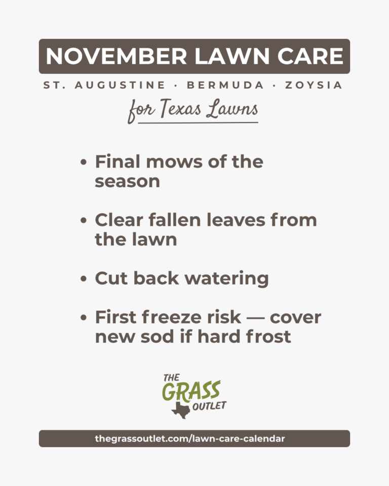 Texas lawn care timeline — November freeze prep and final mowing schedule for Bermuda, Zoysia and St. Augustine