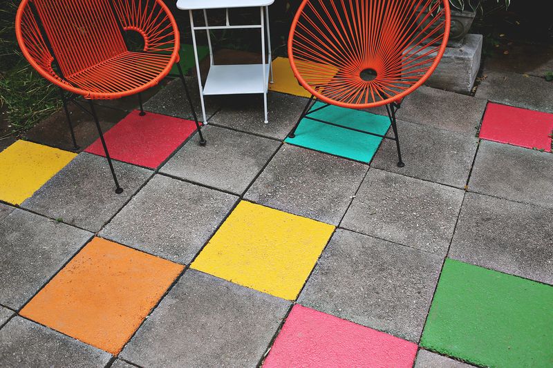 Brightly painted accent patio tiles