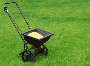 black fertilizer spreader in grass