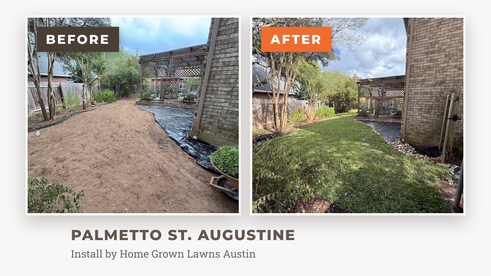 Before and after: Palmetto St. Augustine, install by Home Grown Lawns Austin